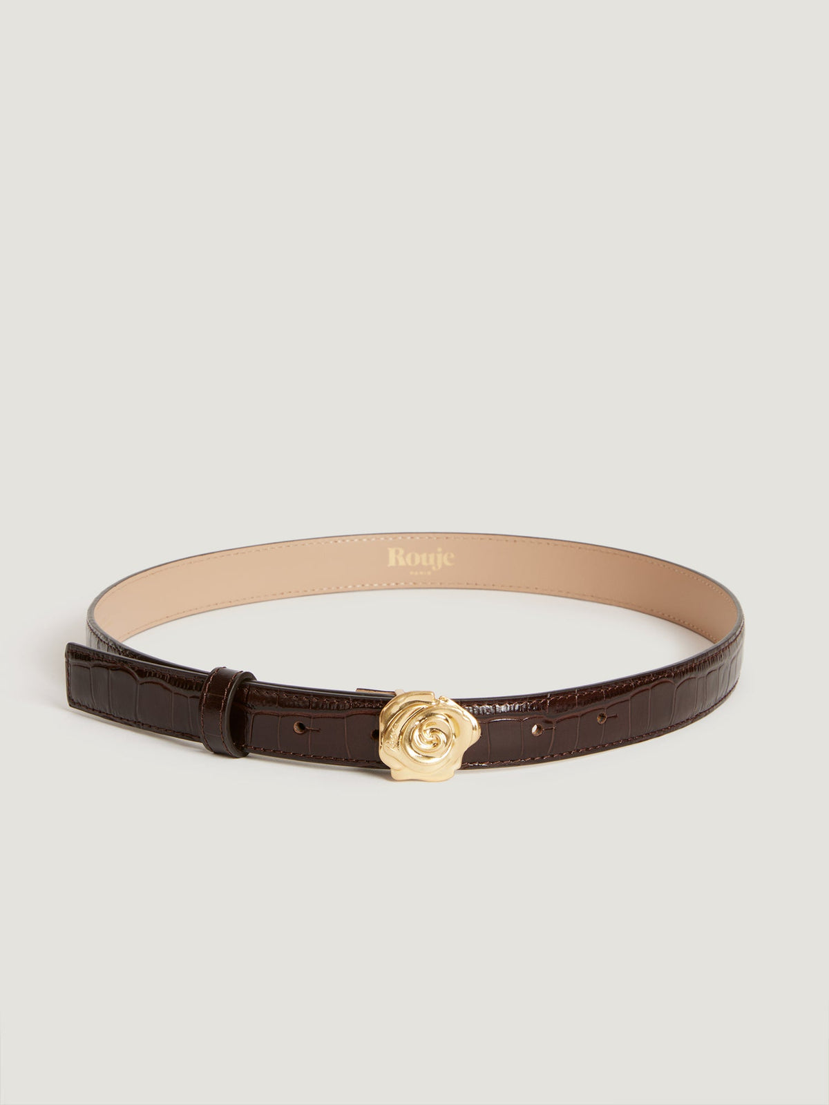 Chocolate and rose gold crocodile style leather belt Rouje